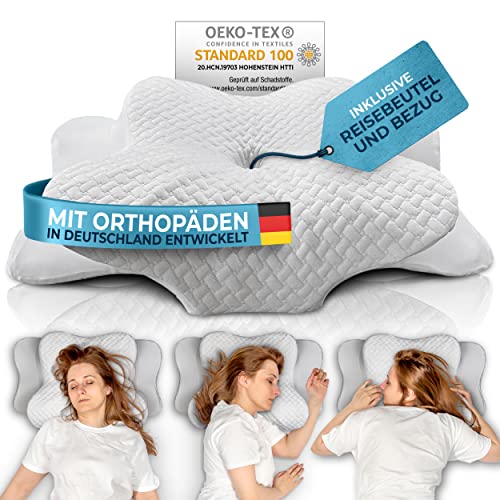 Glückstoff® Orthopädisches Kissen [Zertifiziert für alle Schlaftypen] Kopfkissen Nackenschmerzen | aus Memory Foam | Nackenstützkissen Ergonomisches Kopf-Kissen gegen Schnarchen & Rückenschmerzen Weiß