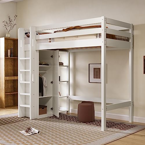 Ymkua Etagenbett Kinderbett 90x200 cm mit Stauraum, Hochbett Hausbett mit Kleiderschrank und 6 Regalen, Bett mit Leiter und Rausfallschutz, Holzbett Einzelbett mit Lattenrost, Weiß, Ohne Matratze