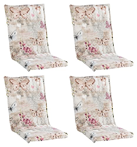 Home4You Gartenstuhlauflagen Mittellehner 4er Set - 110 x 50 cm - Beige - Baumwolle - Polyester - Schmetterlingsmotiv - Sesselauflage Sitzpolster Stuhlauflage