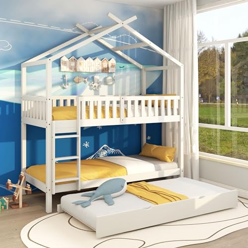 LATICO Kinderbett 90x200 Etagenbett mit Ausziehbett, Hochbett Hausbett drei Betten, Holzbett Bettgestell Kinderbett mit Rausfallschutz und Lattenrost, Jugendbett, Massivholz, Ohne Matratze, Weiß