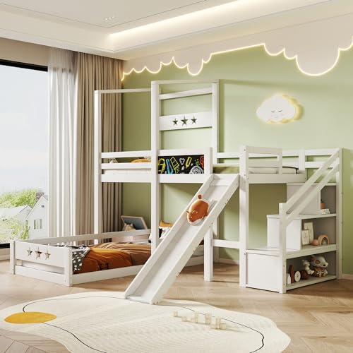 Becag Kinderbett 90x200 cm Etagenbett für 2 Kinder, Hochbett mit Tafel und Staufach Stauraum, Hausbett Holzbett mit Treppe und Rutsche, Bett mit Rausfallschutz und Lattenrost, Ohne Matratze, Weiß