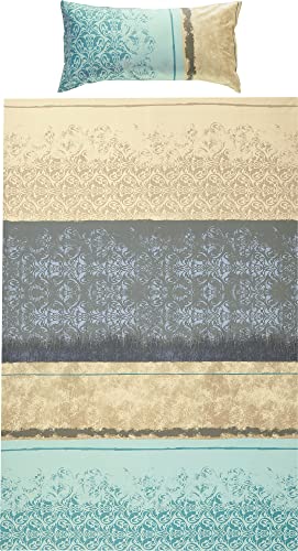 Erwin Müller Bettwäsche, Bettgarnitur Mako-Satin Ornamente blau-Silber-beige Größe 135x200 cm (40x80 cm) - feinste Baumwolle, angenehmes Schlafklima, mit praktischem Reißverschluss