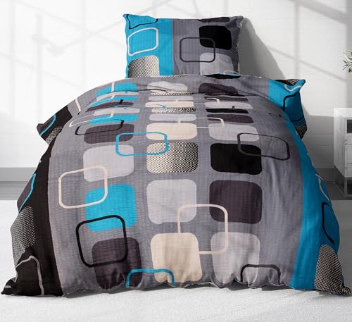 Heubergshop 2-teilige Seersucker Bettwäsche 155x220cm und 80x80cm - Türkis Grau Schwarz Design Kariert - Bettgarnitur aus 100% Baumwolle, bügelfrei (396-3-H)
