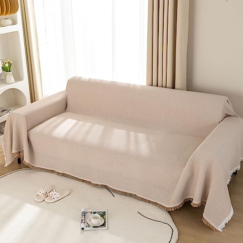 LHGOGO Waffel Sofa Überwurfdecke 180x300cm Große 3 Sitzer Sofaüberwurf Vielseitige Wohndecke als Sofadecke, Couch Überwürf, Sofa Überzug und Tagesdecke mit Deko Quasten - Beige