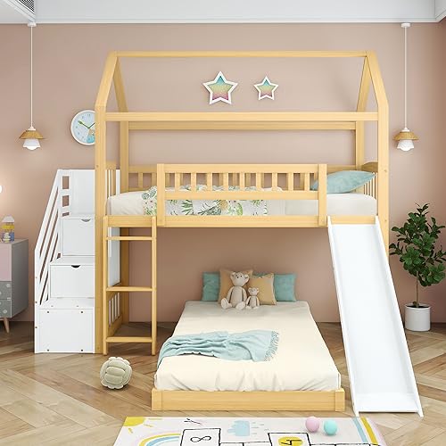 FEZTOY Kinder Bett mit Rutsche, Hausbett 90x200, Etagenbett für 2 Kinder, Hochbett mit Treppe Stauraum und 2 Lattenrost, Kinderbetten, Spielbett, Jugendbett, ohne matratze (Natur+Weiß-Schließfächer)