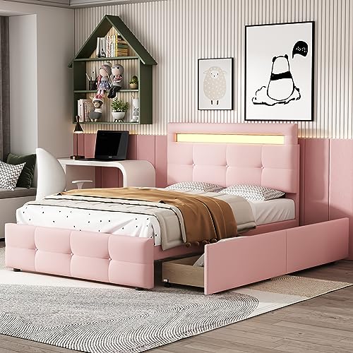 Rtopsu Polsterbett Einzelbett 90x200 cm mit LED-Leuchten Kopfteil, Kinderbett Jugendbett mit 2 Stauraum Schubladen, Bett Bettgestell mit Lattenrost aus Holz, Leinen, Rosa, Ohne Matratze