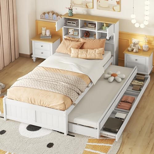 Jovify Bett 90x200cm mit Bücherregal Schrank, Kinderbett Jugendbett mit ausziehbarem Bett und 3 Schubladen, Funktionsbett Gästebett Holzbett Einzelbett Bettliege mit Regalwand, inkl. Lattenrost, Weiß