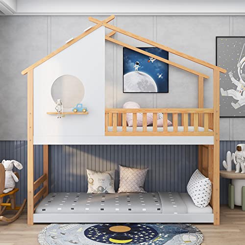 Hausbett Etagenbett mit Treppe & Fenster - Vielseitiges Kiefernrahmen, Kinderbett Spielbett für Jungen & Mädchen - Massivholz Kinder Bett mit Rausfallschutz und Lattenrost - 90x200 cm, Holzfarbe