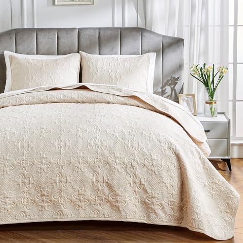 Qucover Tagesdecke 220x240 Beige, Ultra Weiche Tagesdecke Bettüberwurf, Bedspreads aus Mikrofaser, Tagesdecke Beige bei Ultraschall genäht mit 2 Kissenbezügen, Sofa Überwurfdecke Wohndecke für Bett