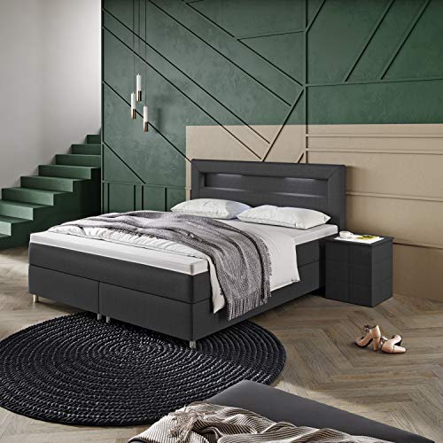 INNOCENT® - P5 LED | Boxspringbett 200x220 in Anthrazit Stoff | 7-Zonen & 3D-Air 6cm | Bonell-Federkernmatratze | H3 Härtegrad | Boxbett für Hotels | HB03