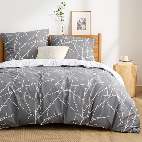 BEDSURE Bettwäsche 155x220 Baumwolle Grau - Bettwäsche-Sets 155 x 220 cm Bettbezug 3teilig mit 2 Kissenbezüge 80x80 cm, Bettwäsche Warm mit Reißverschluss Zweige Muster