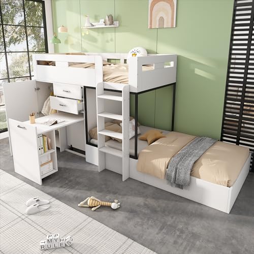 Ymkua Etagenbett Kinderbett 90x200 cm mit Stauraum, Doppelbett Bett mit Lattenrost, Hochbett mit Schreibtisch und Kleiderschrank, Jugendbett mit Schubladen, Regalen und Leiter, Weiß, Ohne Matratze