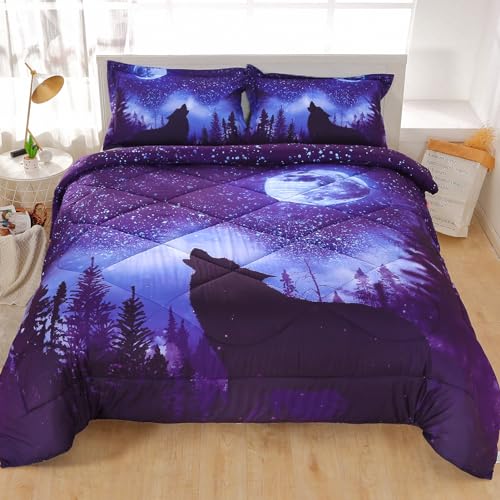 Wolf Moon Blue Galaxy Tröster Sets Twin 3-teilig Jungen und Mädchen Kinder Twin Size Wolf Bettwäsche Sets mit Kissenbezügen, Wolf Tagesdecke Bettdecke Bettdecke Sets, Galaxy Wolf Tröster Twin