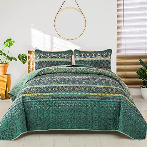 WONGS BEDDING Tagesdecke 220x240 Bettüberwurf Boho Decke Steppdecke 3 Teilig Doppelbett Gesteppt Bettdecke Mikrofaser Wohndecke mit 2 Kissenbezug 50x75 für Schlafzimmer als Sofaüberwurf (Grün)