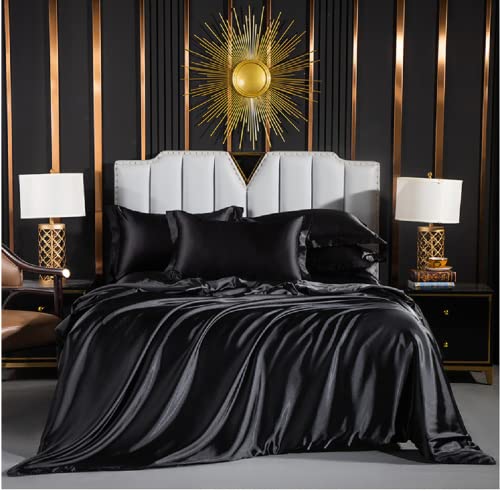 Luofanfei Satin Bettwäsche Schwarz 135x200 Glänzend Einfarbig Bettbezug Set Seide Glatt Luxus Bettwäsche Set Glanzsatin Polyester Einzelbett mit Reissverschluss und Kissenbezug 80x80 cm