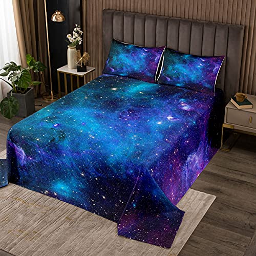 Kinder Tagesdecke Galaxie Sternenhimmel Bettüberwurf für Jungen Mädchen Weich Atmungsaktiv Microfaser 170x210cm Steppdecke mit 1 Kissenbezug 80x80 cm Lila Blau