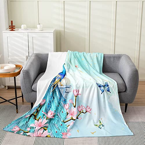 Kuscheldecke 220x240 Blauer Pfau, Flanell Fleecedecke 3D Blumen Und Pflanzen Weiche und Warme Decke, als Sofadecke Wohndecke Tagesdecke Wolldecken, für Kinder Erwachsene