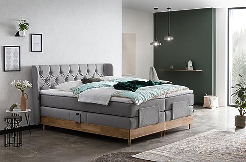 Belanoti EON Boxspringbett 180x200 elektrisch verstellbar 7-Zonen Taschenfederkern Matratze inkl Visco Topper Bett 180x200 mit Motor in der Farbe Hellgrau H2/H3 Polsterbett Motorbett mit Massivholz