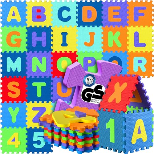 Spielwerk® 86-teilige Puzzlematte Baby Kinder 3,3m² Spielmatte Bodenschutzmatte Krabbelmatte Buchstaben Zahlen ABC Lernteppich XXL Schaumstoff Bunt