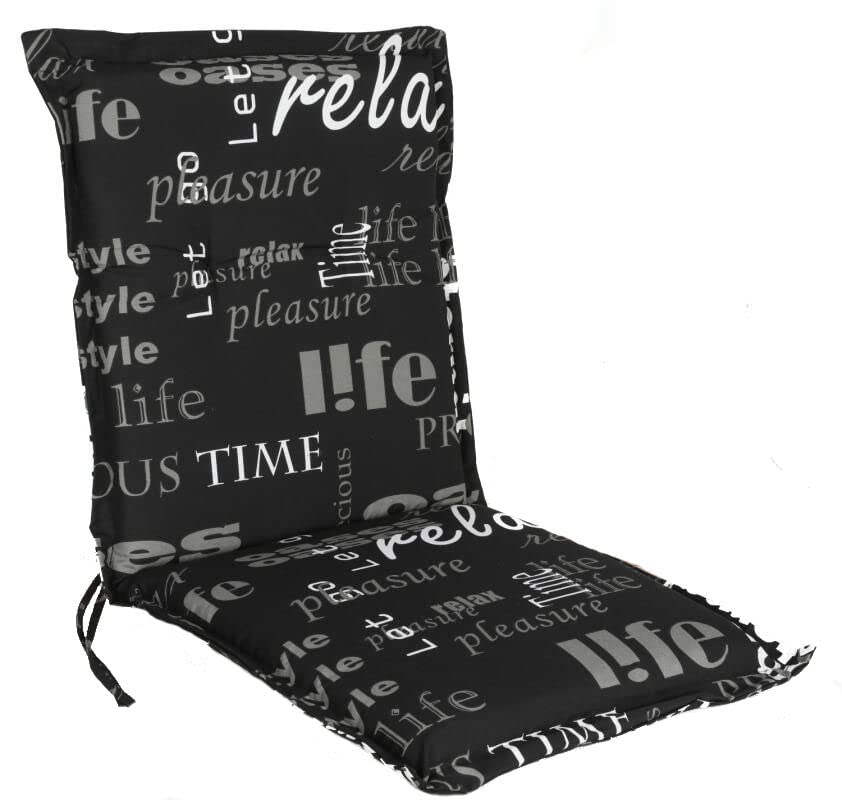 Spetebo Universal Niedriglehner Polster Auflage 105 x 50 cm - Lifestyle - Gartenstuhl Niederlehner Kissen mit Schriftzug - Sitzkissen Stuhlauflage schwarz mit Haltegurt