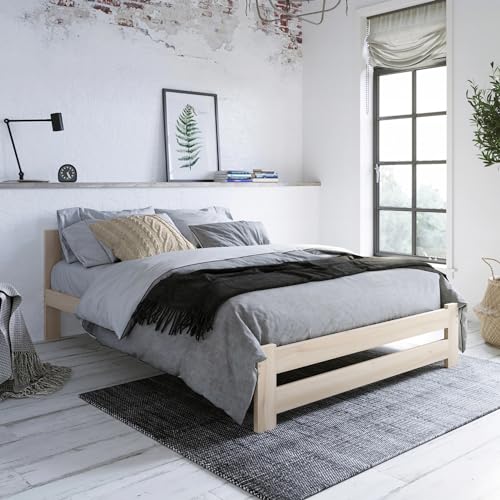 Holzbett 120x200 cm mit Lattenrost Modern Bett Bed Kiefer Massiv Bettgestell Doppelbett Massivholzbett Klassisch | Komfortabel & Langlebig | Skandinavisch Boho Landhaus Kopfteil mittel natur