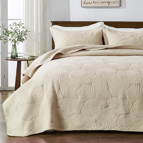 Qucover Tagesdecke 220x240cm Beige, Baumwolle Tagesdecke Bettüberwurf, Ultra Weiche Tagesdecke Stickerei, Bedspreads 220x240, Steppdecke mit 2 Kissenbezügen, Sofa Überwurfdecke Wohndecke für Bett