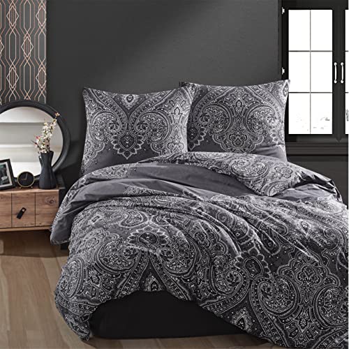 ZIRVEHOME Bettwäsche 240x220 cm – 3-teiliges Set, Renforcé Baumwolle, Paisley-Muster Schwarz-Weiß, Ganzjahresbettwäsche mit Reißverschluss, Pulse V1