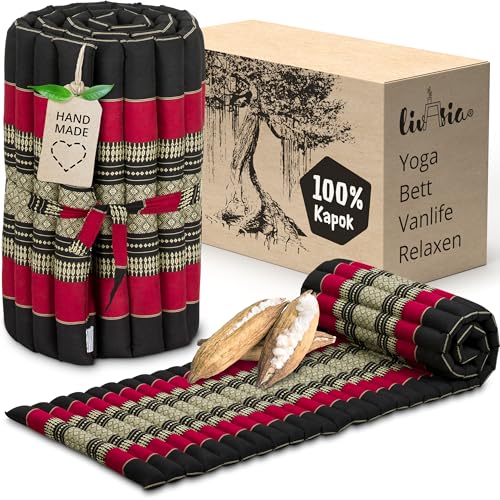 livasia Rollmatte Rollmatratze S schmal, Gästebett Gästematratze 1 Person mit Muster, Reisebett Kofferraum outdoor, Thaimatte Kapok für Garten Balkon handgefertigt 210x52x4,5cm (Schwarz/Rot)