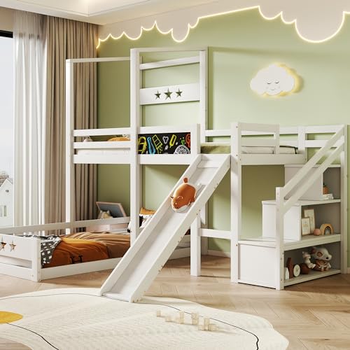 Kinderbett mit Tafel und Rutsche, Funktionsbett 90x200, Etagenbett für 2 Kinder, Stockbett Kinderhochbett mit Treppe Stauraum und 2 Lattenrost, Kinderbetten Spielbett Jugendbett, ohne matratze, Weiß