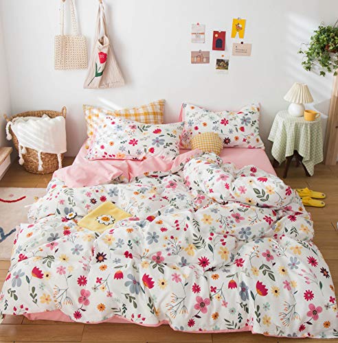 GETIYA Blumen Bettwäsche 135x200 Baumwolle Romantisch Blümchen Bettwaesche Damen Mädchen Set 2 Teilig mit Reißverschluss und 1 Kissenbezug 80x80 Rosa Weiß Wendebettwäsche Einzelbett