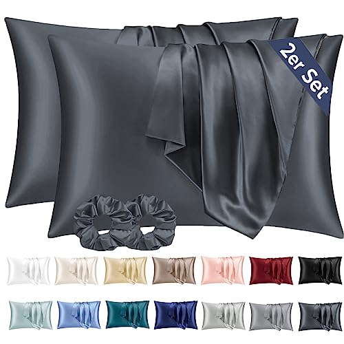 Vielit 2er Set Satin Kissenbezug 40 x 80 Dunkelgrau, Weich wie Seidenkissenbezug 40x80,Bessere Pflege als Silk Pillosecase,Satin Kopfkissenbezug Kissenhülle für Haar und Haut mit 2 Haargummis
