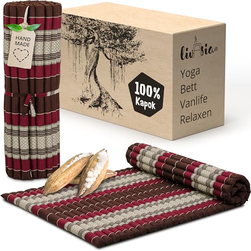 livasia Rollmatte Rollmatratze L breit bequem, Gästebett Gästematratze 1 Person, Reisebett Kofferraum outdoor, Thaimatte Kapok Garten Balkon handgefertigt 200x110x4,5cm (Weinrot)