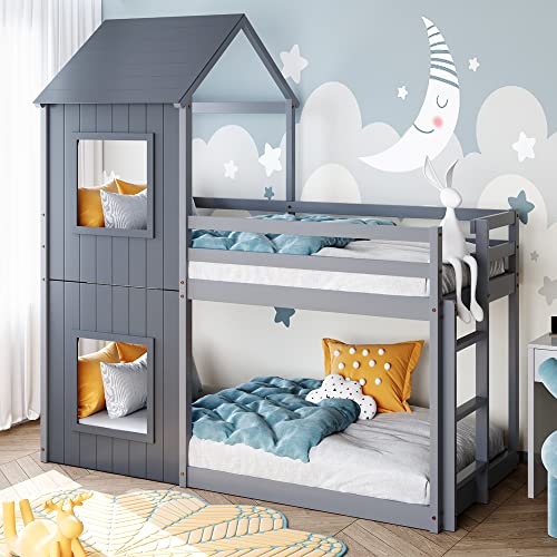 Moimhear 90x200cm Kinderbett Etagenbett Hausbett, Bodentief, mit Leiter & Baldachin (Grau)