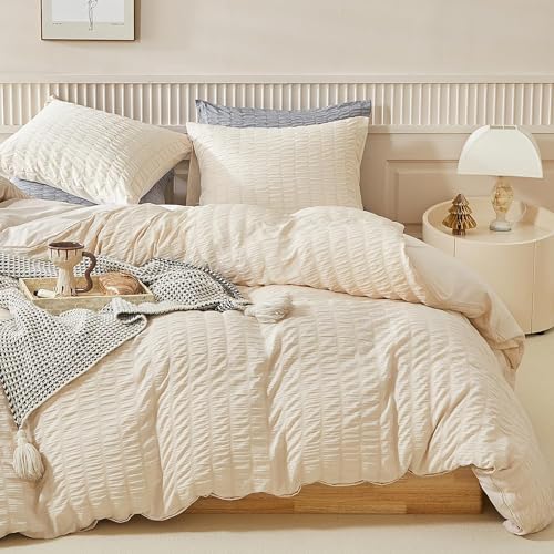 Sedefen Seersucker Bettwäsche 200x220cm Beige creme Unifarben Wende Bettwäsche Set Weiche Doppelbett Sommer Bettbezug 200x220cm und 2 Kissenbezüge 80x80cm mit Reißverschluss