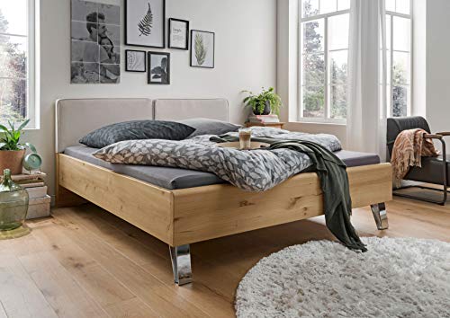 WIEMANN Bari Bett, Doppelbett, Bettgestell 200 x 210 cm, Bianco Eiche, Futonbett, Komforthöhe, Kopfteil gepolstert, champagner, creme, Schrägfüße chrom