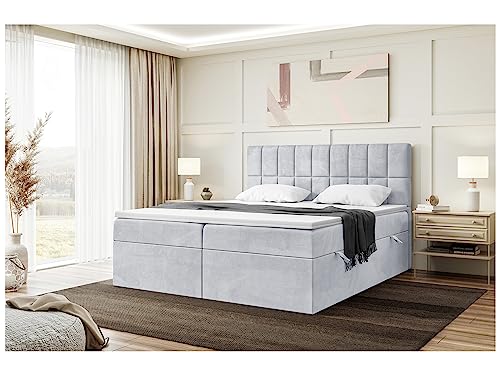 MEBLINI Boxspringbett mit Bettkasten - Gepolstert Doppelbett mit Matratze und Topper - Polsterbett mit Stauraum - Bett mit Kopfteil - Stauraumbett - LUKAS - 180x220 - H3/Hellgrau Samt