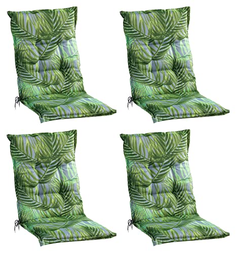 Home4You Gartenstuhlauflagen Mittellehner 4er Set - 110 x 50 cm - Grün - Baumwolle - Polyester - Palmenmuster - Sesselauflage Sitzpolster Stuhlauflage