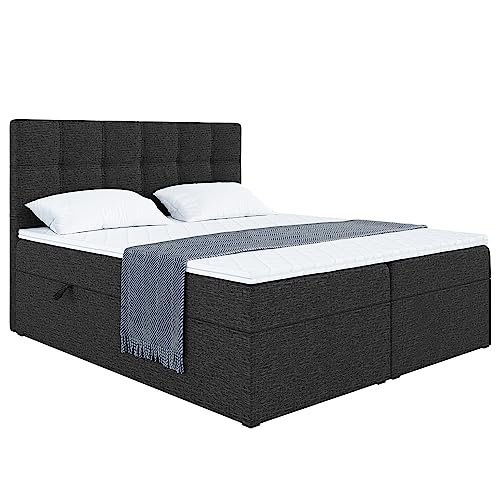 MEBLINI Boxspringbett mit Bettkasten - Gepolstert Doppelbett mit Matratze und Topper - Polsterbett mit Stauraum - Bett mit Kopfteil - Stauraumbett - NILS - 160x200 - H3/Schwarz Webstoff