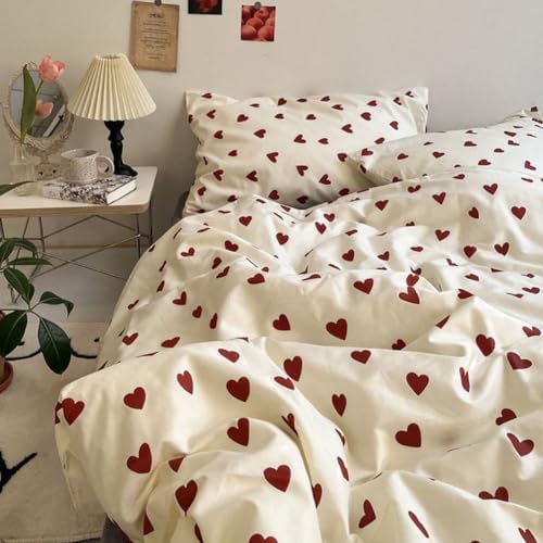 Nayoroom Bettwäsche Herzen 135x200 Rot Weiß Herz Bettbezug und Kissenbezug 40x80 cm Superweiche Microfaser Herzchen Bettwäsche Set mit Reißverschluss
