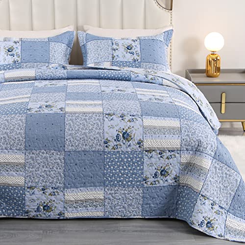 Qucover Blumen Patchwork Tagesdecke Bettüberwurf mit Kissenbezug Leichtes Mikrofaser Steppdecke Wendedesign Vintage Patchdeck Gesteppte Decke für Doppelbett Sofadecke Kuscheldecke (Blau Blumen)