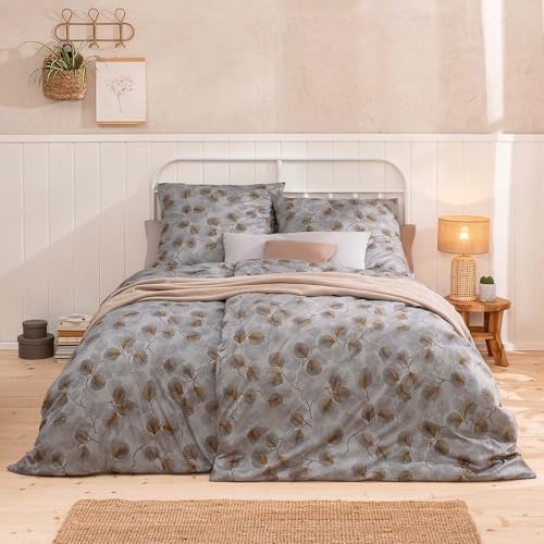 ESTELLA Mako Jersey Bettwäsche 155x220 Rebecca grau Äste Blätter Gold 6897-810