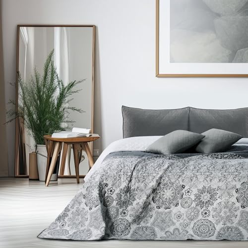 DecoKing 77191 Tagesdecke 170 x 210 cm stahl silber weiß anthrazit Bettüberwurf zweiseitig white steel silver Steppung Alhambra