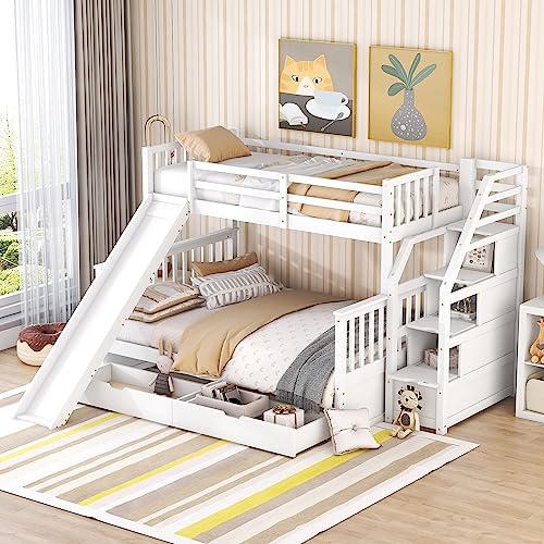 FEZTOY Etagenbett 90 x 200 +140 x 200 mit Schubladen und Rutsche, Hochbett Kinderbett mit Treppe, Stauraumbett, Multifunktionales Kinderbett, Stockbett, Jugendbett, Doppelbet