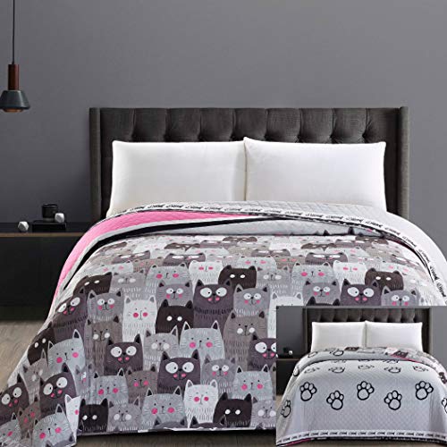 DecoKing 32343 Tagesdecke 200x220 cm Mikrofaser Bettüberwurf Steppung zweiseitig pflegeleicht beige Hellbraun kakaobraun braun grau Stahl anthrazit Grafit schwarz weiß rosa Katzen Cats' Invasion