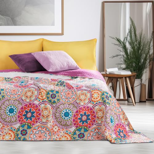 DecoKing 77160 Tagesdecke 170x210 cm rosa violett weiß bunt anthrazit Bettüberwurf zweiseitig colourful pink white violet Steppung Bibi