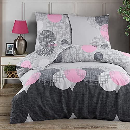 Buymax Bettwäsche 200x220 Baumwolle 3-Teilig Bettgarnitur mit Bettbezug und Kissenbezüge 80x80 Renforce Gitter-Muster Kreise Netz Bettwäsche-Set, Antrazit-Grau Rosa