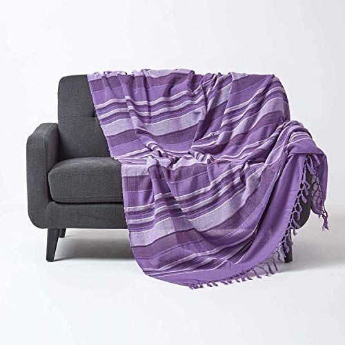 Homescapes Tagesdecke Morocco, lila, Sofa-Überwurf aus 100% Baumwolle, weiche Wohndecke 150 x 200 cm, violett gestreift, mit Fransen