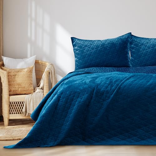 AmeliaHome Tagesdecke 170x210 cm blau Steppung Velvet Samt Laila