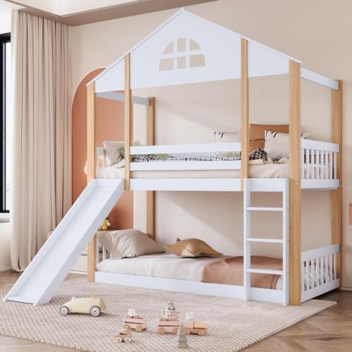 Ctastay Kinderbett Etagenbett 90x200 cm, Bett mit Rutsche und Dach, Hausbett mit Zaun und Absturzsicherung, Hochbett, Bettgestell mit Lattenrost und Leiter, Weiß + Natur (Ohne Matratze)