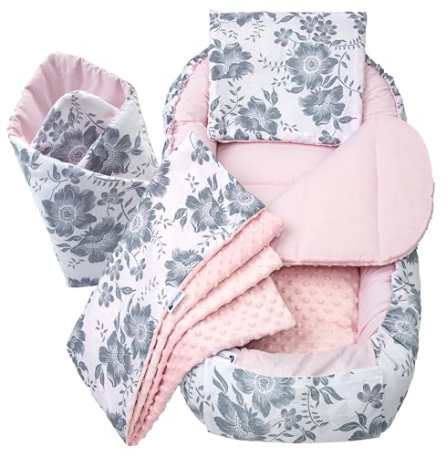 Medi Partners 5 teilig Babynestchen Set Babynest 100x60x15 herausnehmbarer Einsatz Bett Kuschelnest Krabbeldecke Babys Neugeborene 100% Baumwolle (Berry mit Rosa Minky)